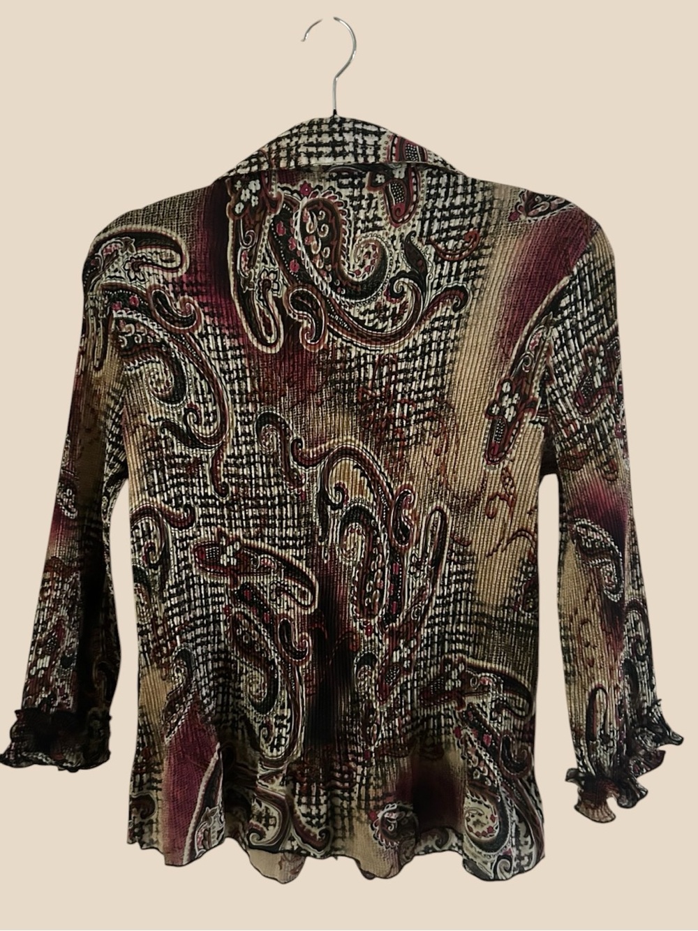 Sioni Paisley Ruffle Button-Down Top - Burgundy, Beige, Black - Picture 3 of 9